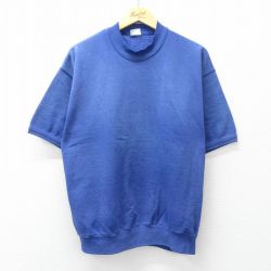 XL★古着 半袖 スウェット メンズ 90年代 90s 無地 モックネック ハイネック 青 26feb07