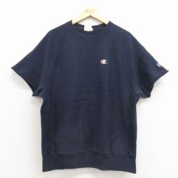 XL★古着 チャンピオン champion リバースウィーブ 半袖 スウェット メンズ ワンポイントロゴ ラグラン クルーネック 紺 26mar21