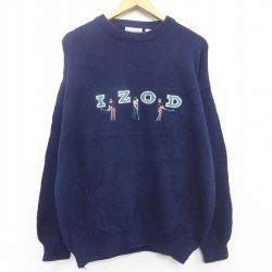 XL★古着 IZOD 長袖 セーター メンズ 90年代 90s ビッグロゴ ゴルフ 刺繍 コットン クルーネック 紺 ネイビー 22jan06 中古 ニット トップス