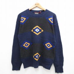 【50%OFF】M★古着 長袖 セーター メンズ 90年代 90s コットン クルーネック 紺他 ネイビー 23oct04 中古 ニット トップス