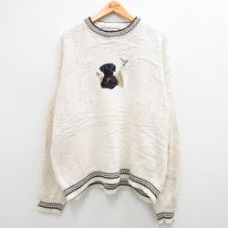 XL★古着 長袖 セーター メンズ 90年代 90s 犬 刺繍 大きいサイズ コットン クルーネック USA製 白他 ホワイト 23oct14 中古 ニット トップス