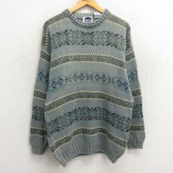 【50%OFF】M★古着 長袖 セーター メンズ 00年代 00s 雪柄 コットン クルーネック 薄緑系他 グリーン 23nov21 中古 ニット トップス
