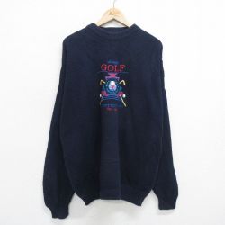 XL★古着 長袖 セーター メンズ ゴルフ 刺繍 大きいサイズ コットン クルーネック 紺 ネイビー 23dec12 中古 ニット トップス