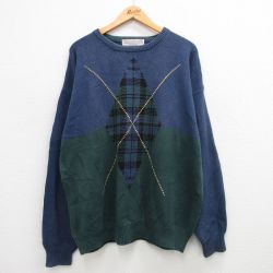XL★古着 長袖 セーター メンズ 00年代 00s 大きいサイズ コットン クルーネック 紺他 ネイビー 24jan20 中古 ニット トップス
