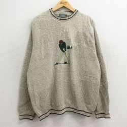 XL★古着 長袖 セーター メンズ 90年代 90s ゴルフ 刺繍 クルーネック USA製 ベージュ他 カーキ 24apr22 中古 ニット トップス