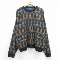 XL★古着 タウンクラフト 長袖 セーター メンズ 90年代 90s 大きいサイズ アクリル クルーネック 紺他 ネイビー 24sep18 中古 ニット トップス