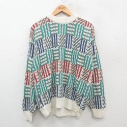 XL★古着 長袖 セーター メンズ 80年代 80s アクリル クルーネック 白他 ホワイト 24sep19 中古 ニット トップス