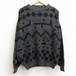 XL★古着 長袖 セーター メンズ 90年代 90s 大きいサイズ アクリル クルーネック USA製 黒他 ブラック 24sep20 中古 ニット トップス