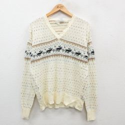 【20%OFF】M★古着 ケニントン 長袖 ノルディック セーター メンズ 70年代 70s バーズアイ シカ アクリル Vネック 生成り他 24sep20 中古 ニット トップス