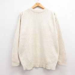 【30%OFF】XL★古着 長袖 ケーブル セーター メンズ 90年代 90s 手織り コットン クルーネック USA製 生成り 24sep21 中古 ニット トップス