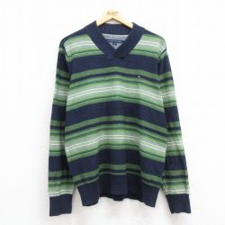 L★古着 トミーヒルフィガー TOMMY HILFIGER 長袖 ブランド セーター メンズ ワンポイントロゴ コットン Vネック 紺他 ネイビー 24sep21 中古 ニット トップス
