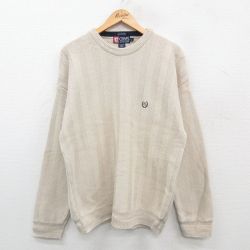 L★古着 ラルフローレン Ralph Lauren チャップス 長袖 ブランド セーター メンズ 90年代 90s ワンポイントロゴ 手織り ヘリンボーン コットン クルーネック ベージュ カーキ 24sep21 中古 ニット トップス