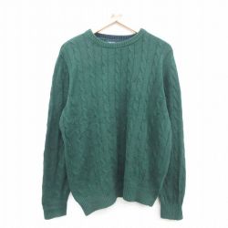 XL★古着 ノーティカ NAUTICA 長袖 ブランド ケーブル セーター メンズ ワンポイントロゴ 大きいサイズ コットン クルーネック 緑 グリーン 24sep25 中古 ニット トップス