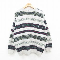 L★古着 長袖 セーター メンズ 90年代 90s フェアアイル クルーネック USA製 緑他 グリーン 24sep25 中古 ニット トップス