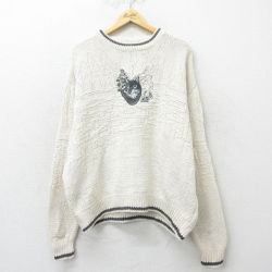 XL★古着 長袖 セーター メンズ 90年代 90s オオカミ 刺繍 大きいサイズ コットン クルーネック USA製 白 ホワイト 24sep26 中古 ニット トップス