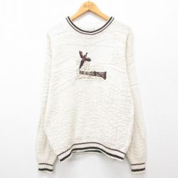 M★古着 長袖 セーター メンズ 90年代 90s 鳥 刺繍 コットン クルーネック USA製 白 ホワイト 24sep26 中古 ニット トップス