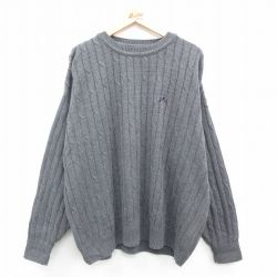 XL★古着 IZOD 長袖 ケーブル　セーター メンズ 90年代 90s ワンポイントロゴ 大きいサイズ コットン クルーネック USA製 グレー 24sep27 中古 ニット トップス