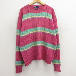 XL★古着 ラルフローレン Ralph Lauren 長袖 ブランド ケーブル セーター メンズ 90年代 90s 大きいサイズ コットン クルーネック 濃ピンク他 ボーダー 24sep28 中古 ニット トップス
