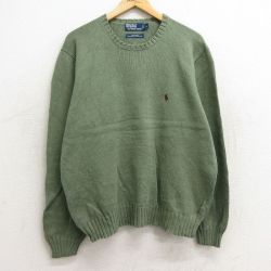 XL★古着 ラルフローレン Ralph Lauren 長袖 ブランド セーター メンズ 90年代 90s ワンポイントロゴ 大きいサイズ コットン クルーネック 濃緑 グリーン 24sep28 中古 ニット トップス
