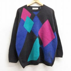 【50%OFF】XL★古着 長袖 セーター メンズ 90年代 90s クルーネック 黒他 ブラック 24sep28 中古 ニット トップス
