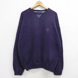 【30%OFF】XL★古着 トミーヒルフィガー TOMMY HILFIGER 長袖 ブランド セーター メンズ 90年代 90s ワンポイントロゴ 大きいサイズ コットン クルーネック 紫 パープル 24sep28 中古 ニット トップス