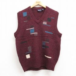 【50%OFF】M★古着 ニット ベスト メンズ 90年代 90s シェットランドウール Vネック エンジ他 24sep30 中古 トップス