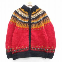 M★古着 長袖 フルジップ ノルディック ニット カーディガン メンズ ロパペイサ 手織り ハンドメイド ウール エクアドル製 赤他 レッド 【spe】 24sep30 中古 トップス