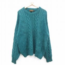 【50%OFF】XL★古着 エディーバウアー 長袖 ケーブル セーター メンズ 90年代 90s コットン クルーネック 緑 グリーン 24sep30 中古 ニット トップス