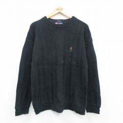 M★古着 ラルフローレン Ralph Lauren チャップス 長袖 セーター メンズ 90年代 90s ワンポイントロゴ ヘリンボーン コットン クルーネック 黒 ブラック 24sep30 中古 ニット トップス