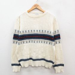 【50%OFF】L★古着 長袖 セーター メンズ 90年代 90s アクリル クルーネック 白他 ホワイト 24sep30 24oct01 中古 ニット トップス