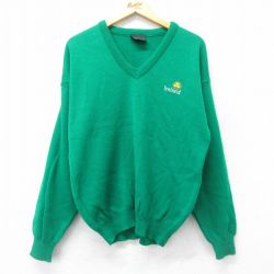 M★古着 長袖 セーター メンズ クローバー アクリル Vネック アイルランド製 緑 グリーン 24sep30 24oct01 中古 ニット トップス