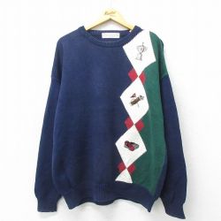 XL★古着 長袖 セーター メンズ 00年代 00s ゴルフ 刺繍 アーガイル 大きいサイズ コットン クルーネック 紺他 ネイビー 24oct02 中古 ニット トップス