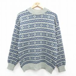 L★古着 長袖 セーター メンズ 90年代 90s ネイティブ柄 ラグ柄 モックネック ハイネック グレー他 24oct02 中古 ニット トップス