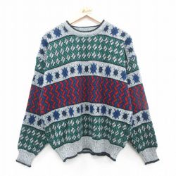 【50%OFF】XL★古着 バンヒューセン 長袖 セーター メンズ 90年代 90s アーガイル アクリル クルーネック グレー他 霜降り 24oct02 中古 ニット トップス