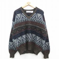 XL★古着 長袖 セーター メンズ 90年代 90s 大きいサイズ アクリル Vネック 茶他 ブラウン 24oct02 中古 ニット トップス