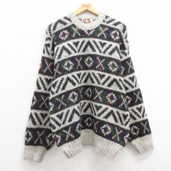 【50%OFF】L★古着 長袖 セーター メンズ 90年代 90s クルーネック 薄グレー他 24oct03 中古 ニット トップス