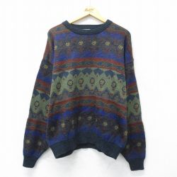 XL★古着 長袖 セーター メンズ 90年代 90s フェアアイル クルーネック 黒他 ブラック 24oct03 中古 ニット トップス