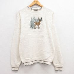 S★古着 長袖 セーター メンズ 90年代 90s シカ 刺繍 コットン クルーネック USA製 薄ベージュ他 カーキ 24oct03 中古 ニット トップス