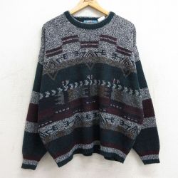 XL★古着 長袖 セーター メンズ 90年代 90s ネイティブ柄 ラグ柄 クルーネック グレー他 24oct04 中古 ニット トップス