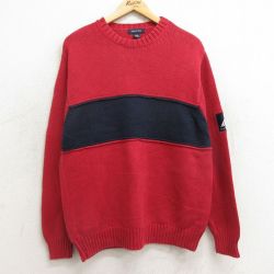 【20%OFF】M★古着 ノーティカ NAUTICA 長袖 ブランド セーター メンズ ツートンカラー コットン クルーネック 赤他 レッド 24oct04 中古 ニット トップス