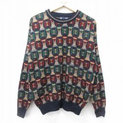 XL★古着 バンヒューセン 長袖 セーター メンズ 90年代 90s アクリル クルーネック 紺他 ネイビー 24oct04 中古 ニット トップス