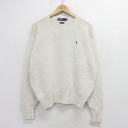 L★古着 ラルフローレン Ralph Lauren 長袖 ブランド セーター メンズ 90年代 90s ワンポイントロゴ コットン クルーネック 白 ホワイト 24oct04 中古 ニット トップス