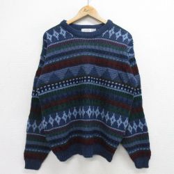 M★古着 シアーズ 長袖 セーター メンズ 90年代 90s アクリル クルーネック USA製 紺他 ネイビー 24oct04 中古 ニット トップス