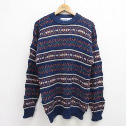 【20%OFF】M★古着 長袖 セーター メンズ 90年代 90s フェアアイル クルーネック 紺他 ネイビー 24oct04 中古 ニット トップス