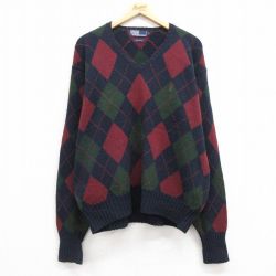XL★古着 ラルフローレン Ralph Lauren 長袖 ブランド セーター メンズ 90年代 90s ワンポイントロゴ アーガイル コットン Vネック 紺他 ネイビー 【spe】 24oct05 中古 ニット トップス