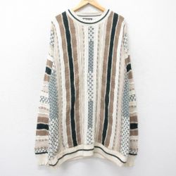 XL★古着 長袖 セーター メンズ 90年代 90s 3Dニット ロング丈 コットン クルーネック USA製 ベージュ他 カーキ 24oct05 中古 ニット トップス