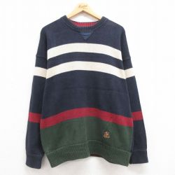 XL★古着 長袖 セーター メンズ 00年代 00s ワンポイントロゴ コットン クルーネック 紺他 ネイビー 24oct05 中古 ニット トップス