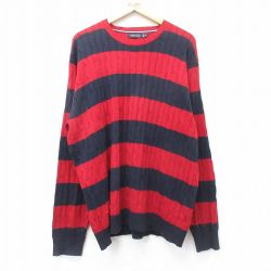 XL★古着 ノーティカ NAUTICA 長袖 ブランド ケーブル セーター メンズ ワンポイントロゴ 大きいサイズ コットン クルーネック 赤他 レッド ボーダー 24oct08 中古 ニット トップス
