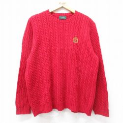 XL★古着 ラルフローレン Ralph Lauren 長袖 ブランド ケーブル セーター メンズ ワンポイントロゴ クルーネック 赤 レッド 24oct08 中古 ニット トップス