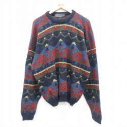 【50%OFF】XL★古着 長袖 セーター メンズ 90年代 90s ネイティブ柄 ラグ柄 大きいサイズ アクリル クルーネック 紺他 ネイビー 24oct08 中古 ニット トップス